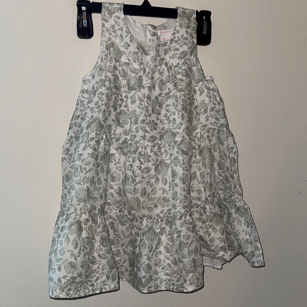Shabby Chic gray‎ white Floral Sleeveless Girl’s Dress 100% linen tiered Sz 7